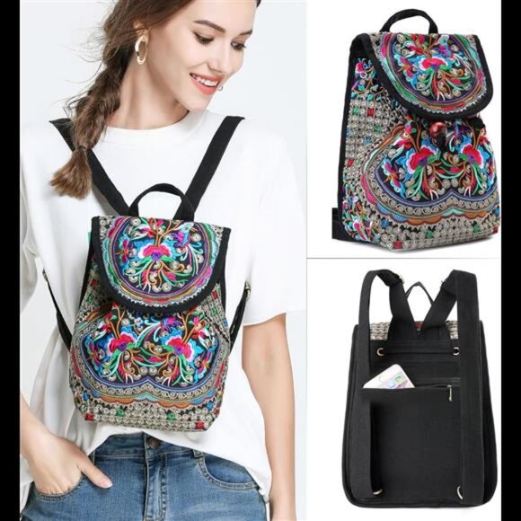 Vintage Embroidered Women Backpack Ethnic Travel Handbag Shoulder Bag - Picture 6 of 7
